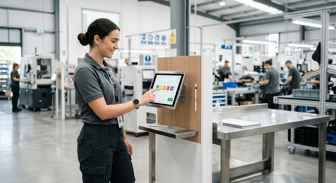 QR code poster and kiosk terminal in a factory setting
