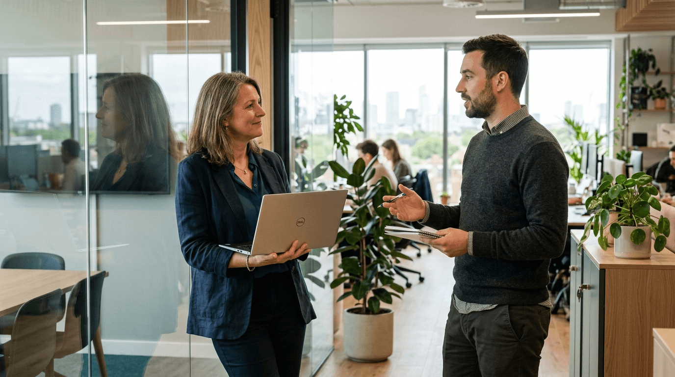 HR lead and managing director discuss survey results in the office