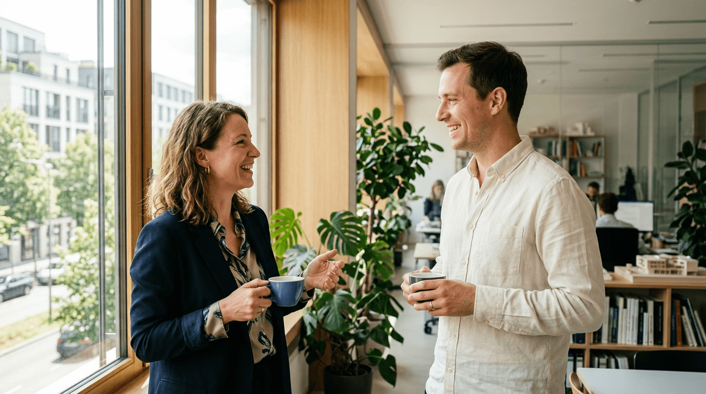 Two department heads talking by the window of a bright office, both holding a coffee cup