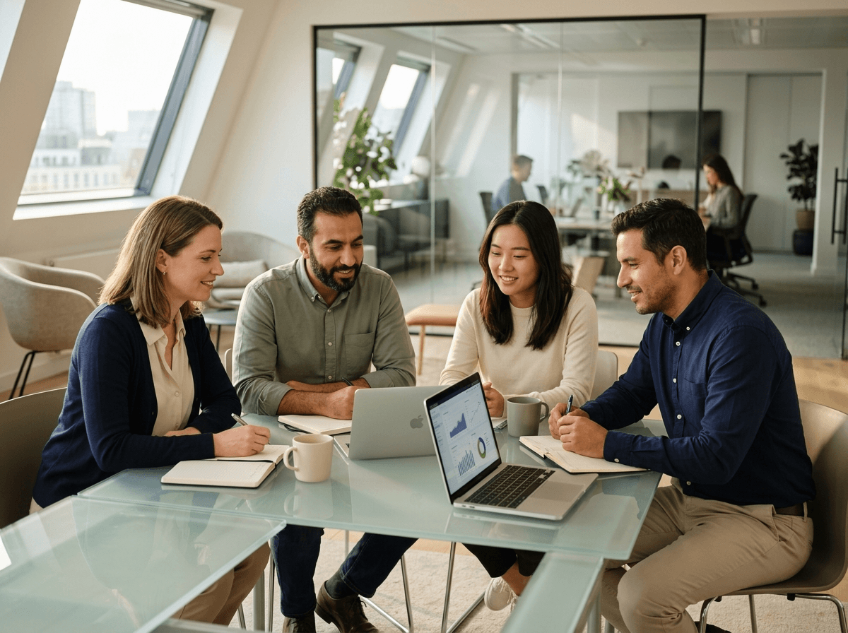 International team in a bright European office evaluating an employee survey