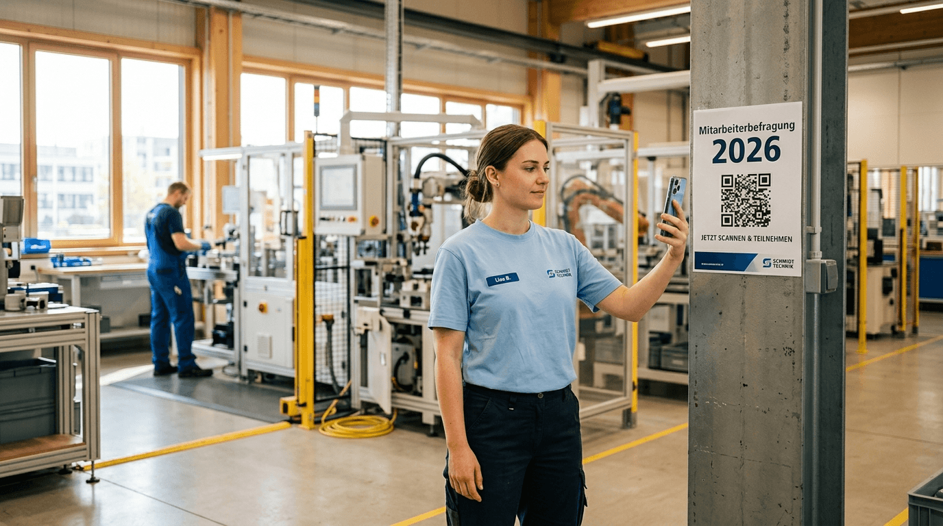 Production worker scanning a QR code for the employee survey on a poster in the manufacturing hall