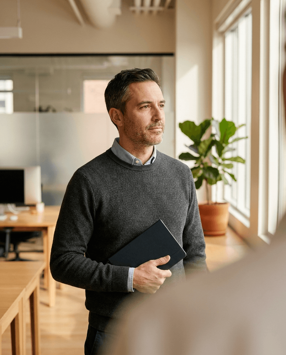 HR manager reflecting on reasons for leaving in a quiet office