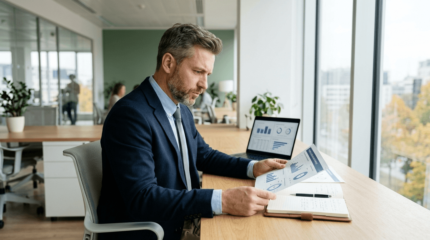 An HR lead sitting thoughtfully at a desk reading a report on employee turnover