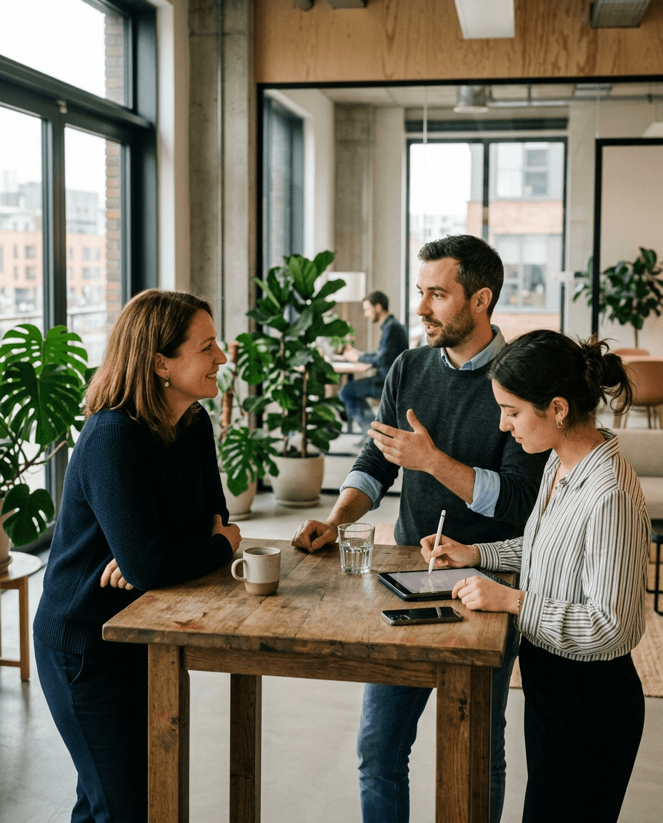 HR lead in conversation with two colleagues at a standing table in a bright office