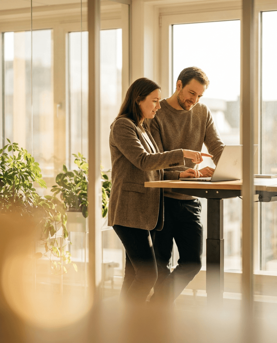 Four colleagues from different departments in a meeting room, one person explaining something at a whiteboard in the background