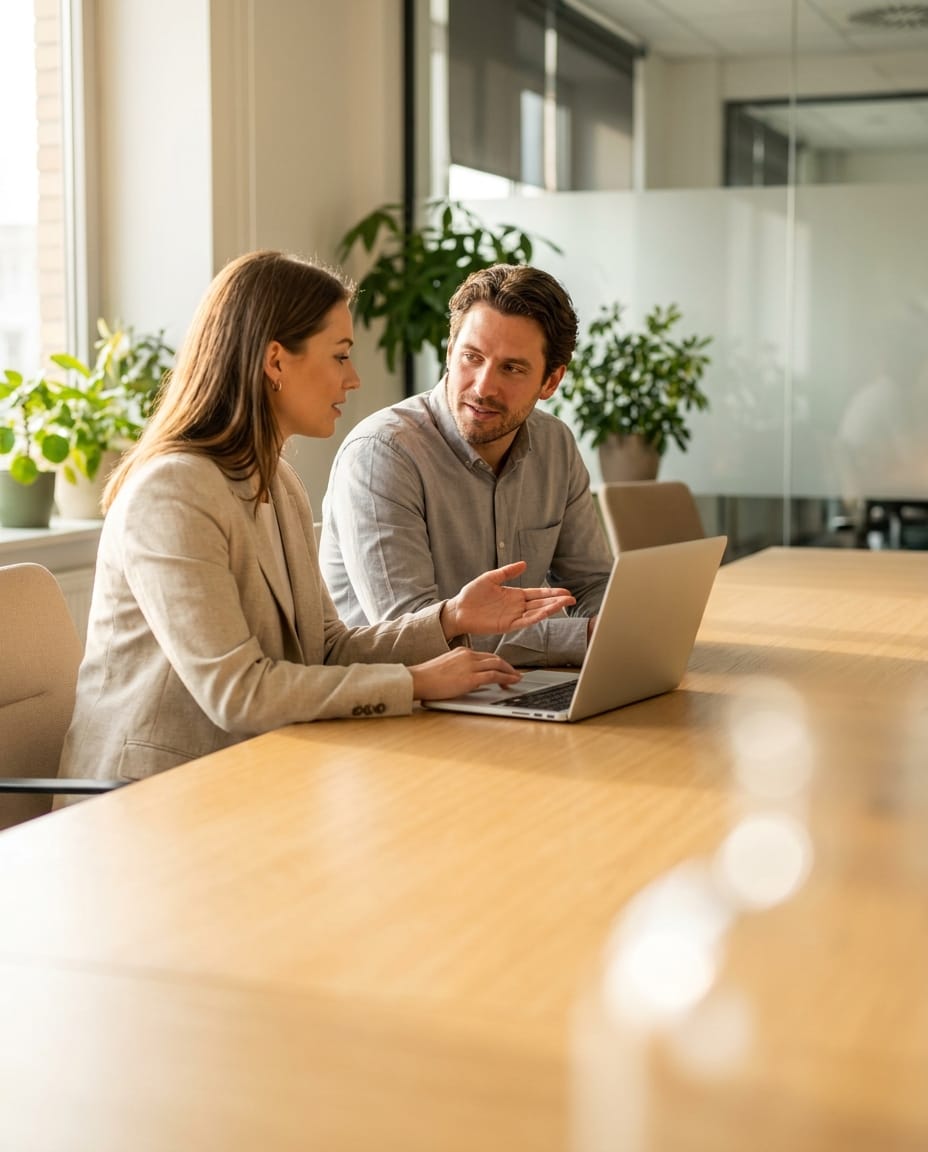 Two professionals discussing a custom quote at a laptop in a bright office
