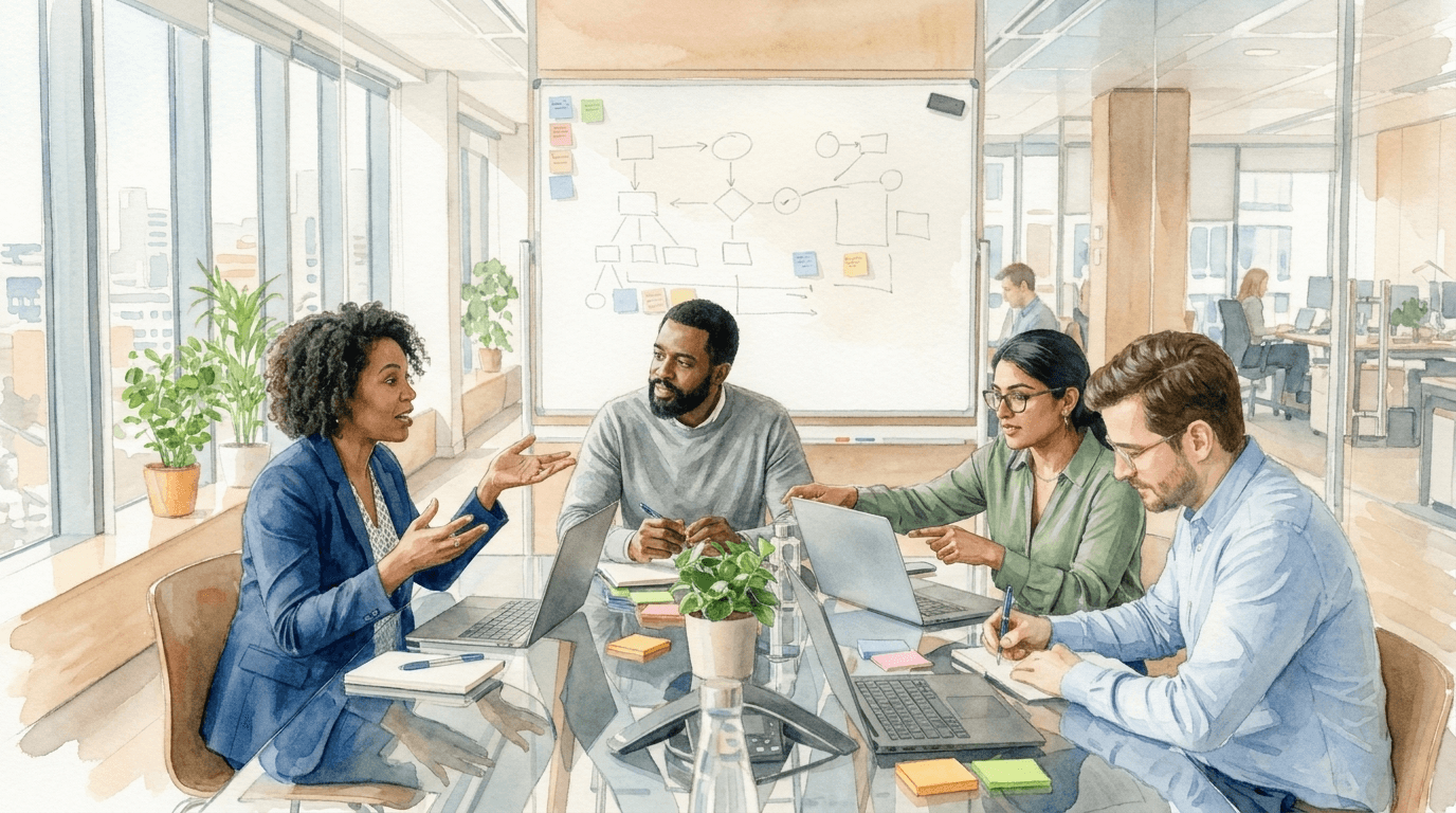 Four HR and management staff at a conference table discussing an action plan; in the background a whiteboard with a process diagram