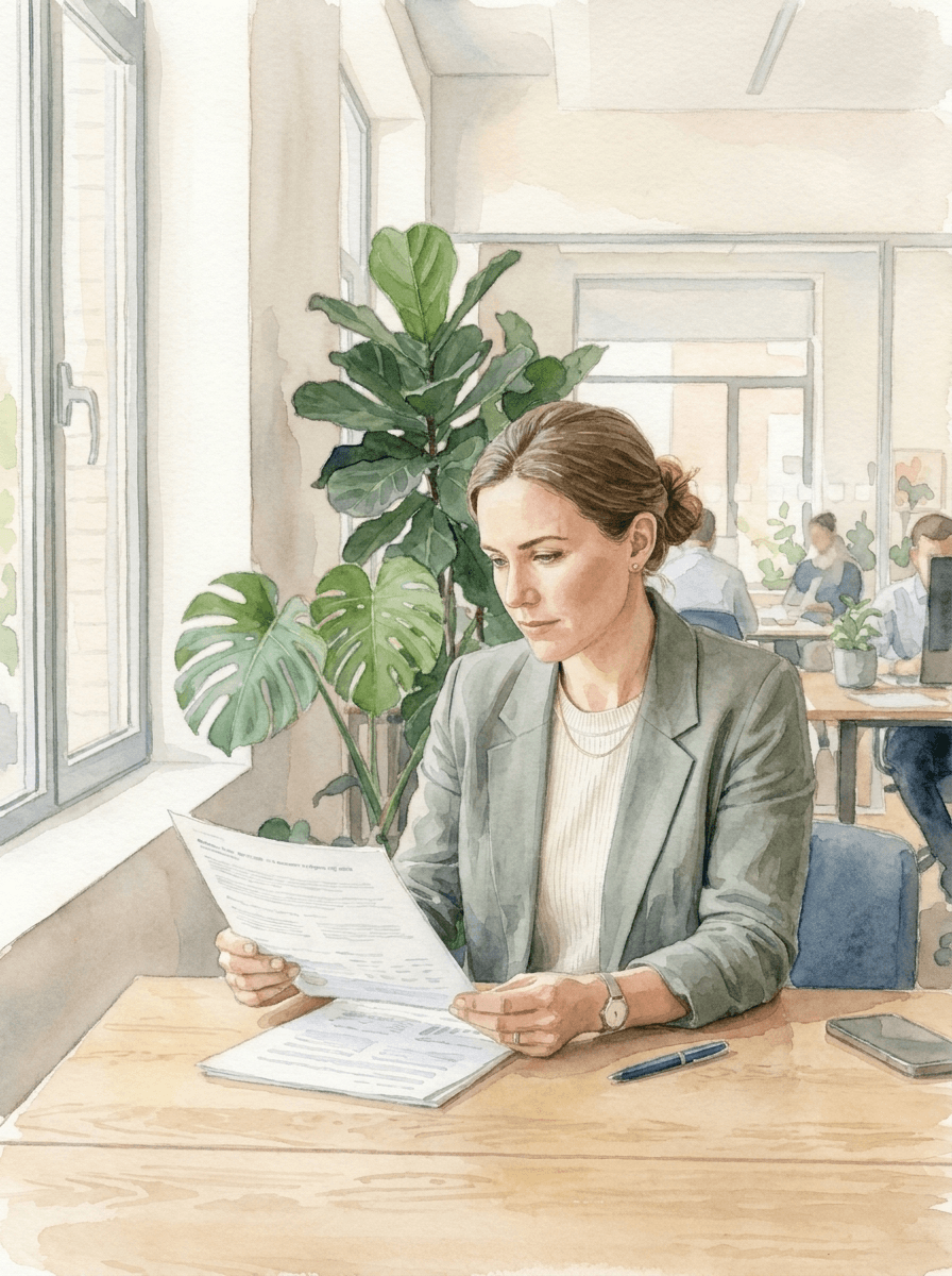 Works council member reviewing a works agreement by the window of a modern office